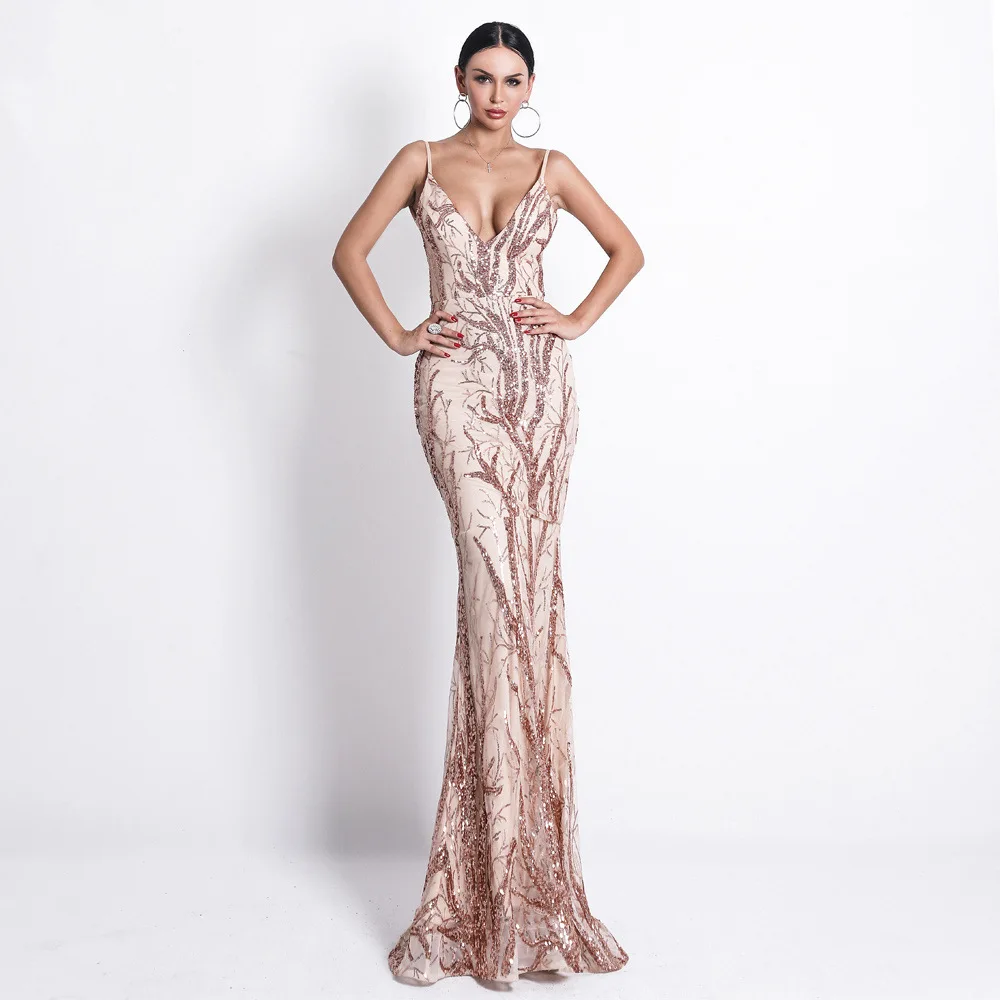 

2019 WOMEN'S Dress Western Style Sexy Deep V Camisole Sequins Dress Backless Elegant Long Formal Dress Ft18690