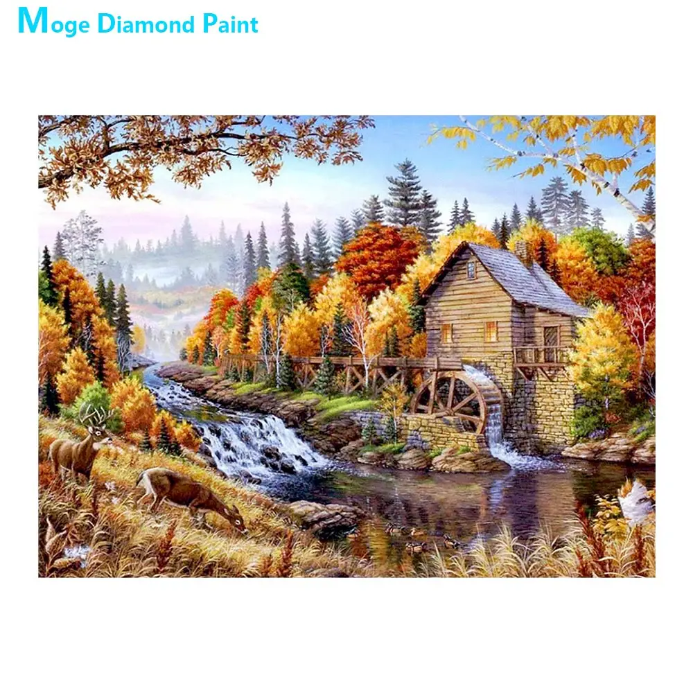 

waterwheel house scenic Moge Diamond Painting Full Round New DIY sticking drill cross stitch 5D embroidery simple decorative