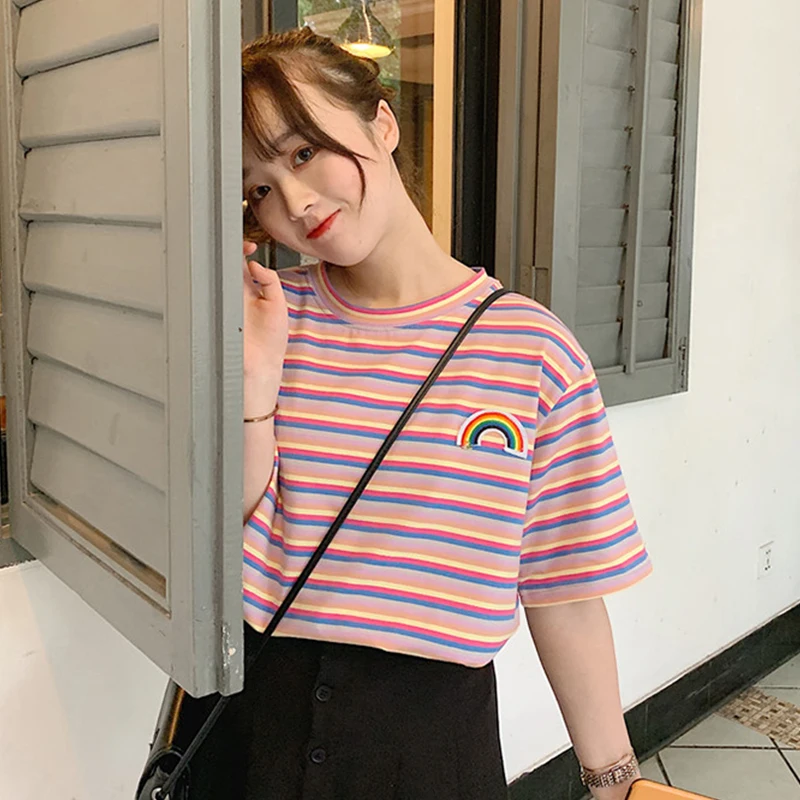 Хлопковая женская футболка в радужную полоску Harajuku, футболка с коротким рукавом в Корейском стиле панк, футболка camiseta feminina, винтажная одежда для веганов