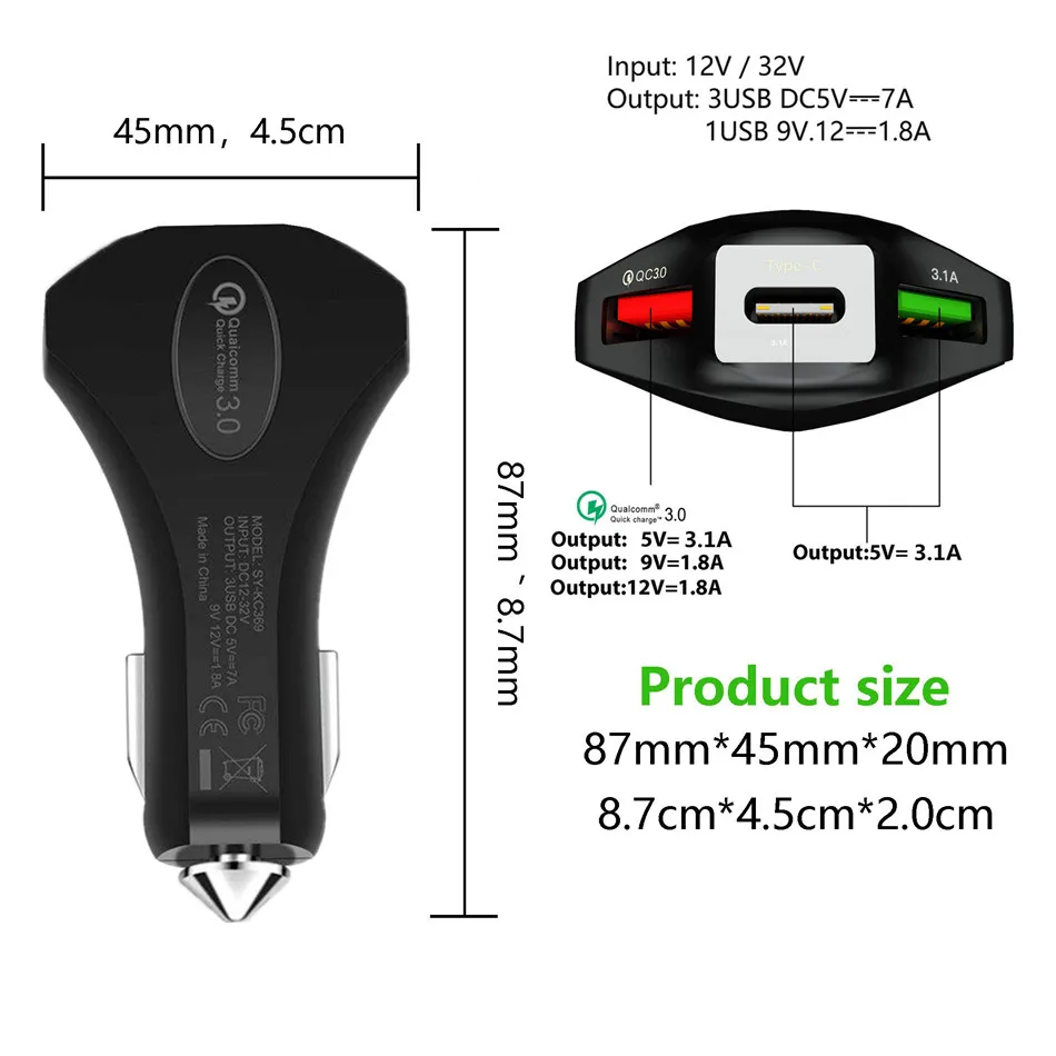 Быстрое Автомобильное зарядное устройство 3,0 5 В/3,1 А, двойной usb type C для IPhone, Xiaomi, samsung, автомобильное USB зарядное устройство, автомобильное зарядное устройство, зарядное устройство для мобильного телефона