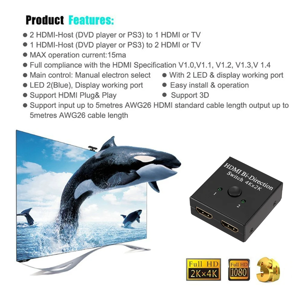 KEBIDU HDMI переключатель 2 порта двунаправленный 1x2 / 2x1 сплиттер 4K Sup порты Ultra HD 1080P HDCP