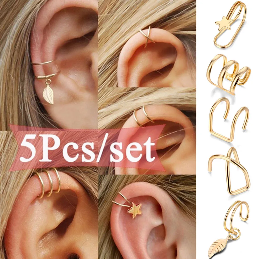VKME Gold Color Star Leaves Non-Piercing Ear Clip Earrings For Women Men Simple Fake Cartilage Ear Cuff Jewelry Clip d'oreille