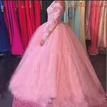 На заказ Vestidos de 15 anos, Длинные бальные платья из тюля с кружевной аппликацией розовое вечернее платье с рукавами г. Платье для девочек