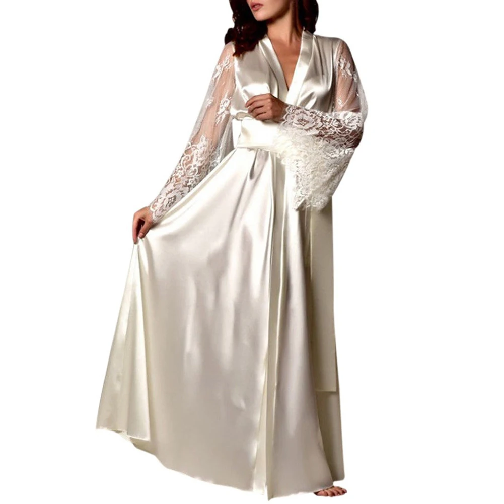 Женский сексуальный шелковый халат кимоно халат пижамы женский пояс имитация шелка кружева длинное платье с рукавами платье vestaglia