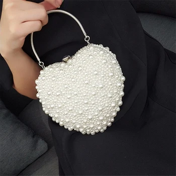 

Handmade Weave Pearl Heart Women Evening Bag Bridal Wedding Dinner Party Handbags Ladies Fashion Beading Day Small Clutch Purse