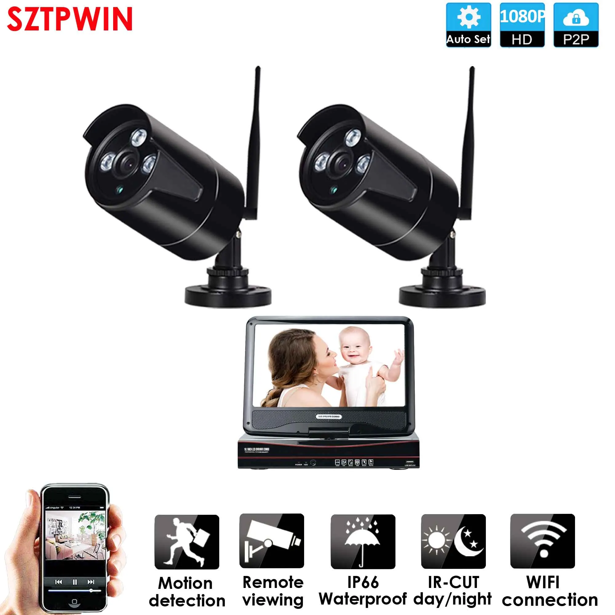 2CH LCD 1080P WIFI Беспроводная система наблюдения сетевой 10," ЖК-монитор NVR рекордер Wifi комплект 6CH 1080P HD видео входы 6PS 2.0MP камера безопасности - Цвет: 2CH LCD 1080P WIFI