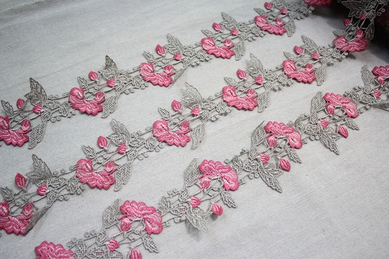 3,346 дюймов 8,5 см wide-3yards/Лот Ремесло Водорастворимая вышитая кружевная отделка в розово-красном+ темно-розовом+ светло-оливковом, Venise LaceTrim