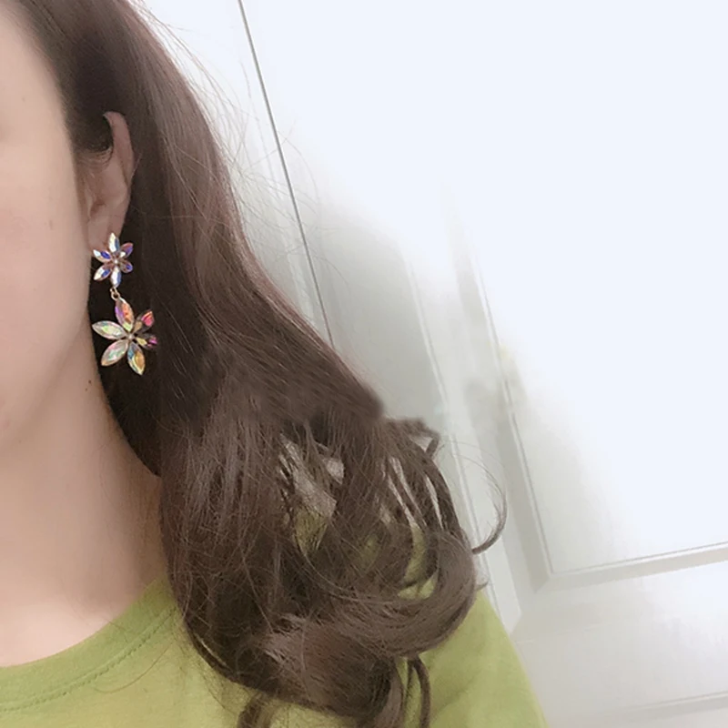 MENGJIQIAO Новые корейские элегантные большие красочные хрустальные цветы Висячие серьги для женщин Букле д 'ореиль Femme Pendientes ювелирные изделия