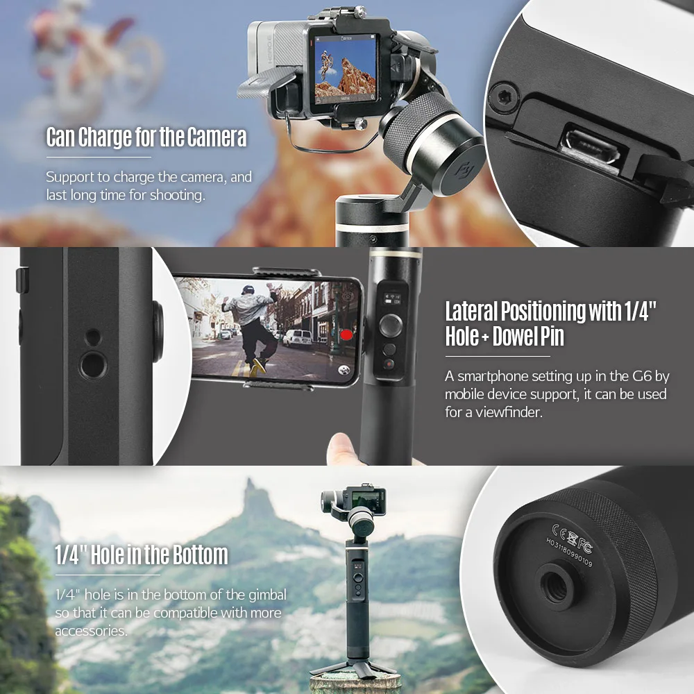 FeiyuTech Feiyu G6 3-осевой переносной карданный стабилизатор для Gopro Hero 6 5 4 RX0 для спортивной экшн-камеры Xiaomi yi 4k Wi-Fi, Bluetooth Портативный монопод с шарнирным замком