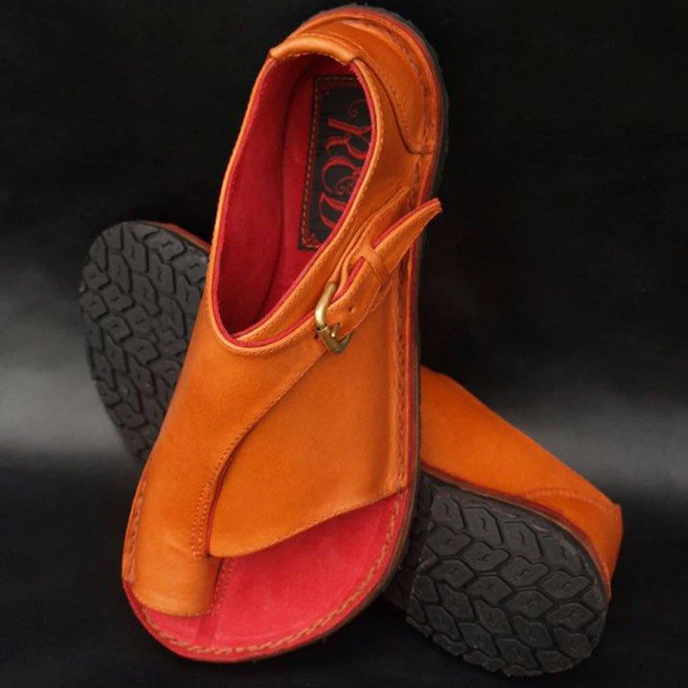 

Womens Casual Sandals Leather Vintage Comfort Retro Buckle-Strap Flats Slip on Sandals Suit for Summer Beach Travel