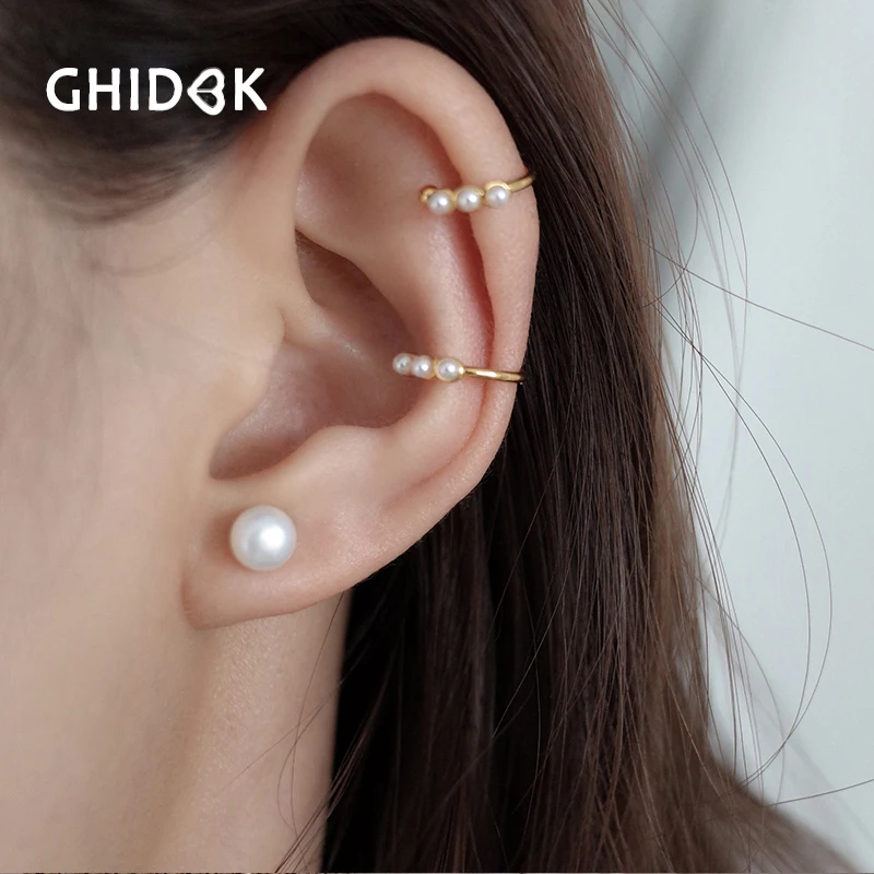 Минималистичные серьги GHIDBK с тремя жемчужинами Ушная клипса для женщин