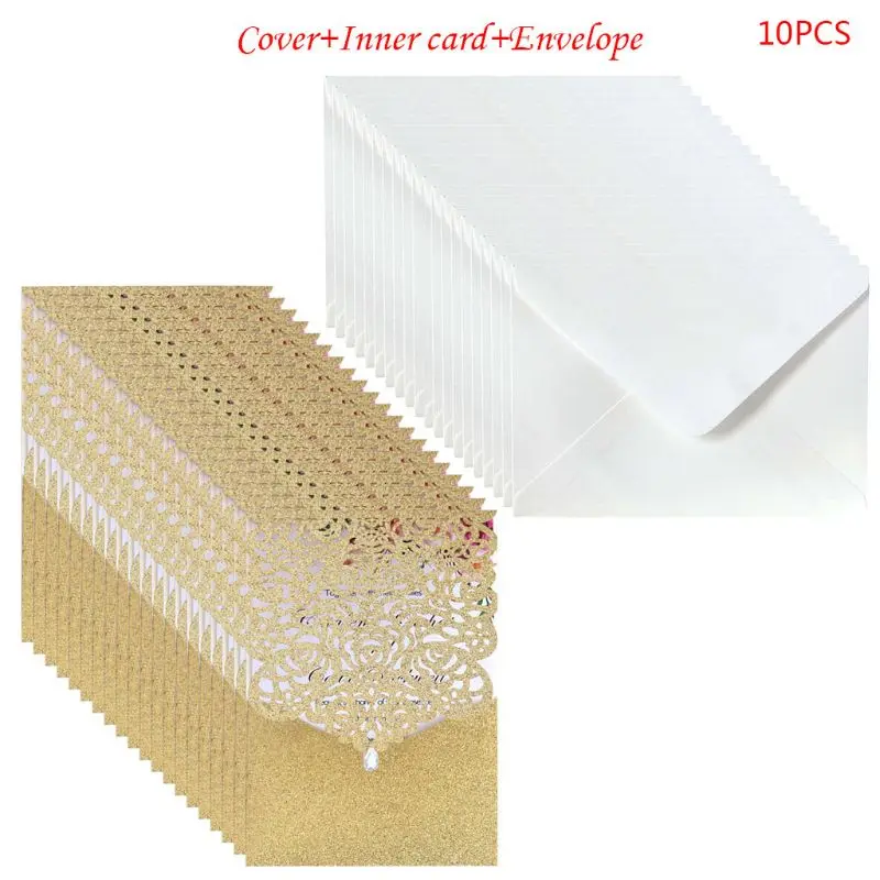  10pcs Laser Cut Glitte Rose Invitations Card with Rhinestone Kits Wedding Party - 4000430095527