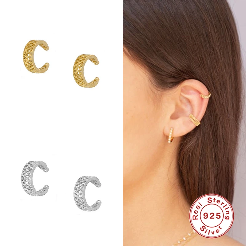 

GS New S925 Sterling Silver Cuff Earrings C-Shape Vintage Hollowed-Out Ear Clips Fine Jewelry For Women Pendientes Brincos 2020