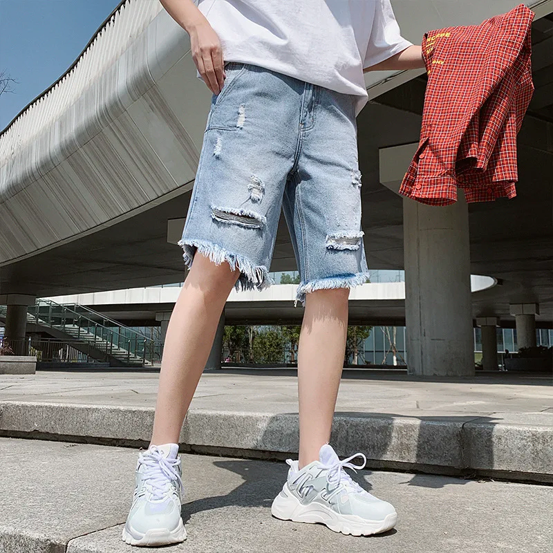 New Fashion Summer Cotton Shorts Leisure Ripped Stretch Ruched Pantalones Cortos Hombre Clothing Breathable Denim Shorts Male