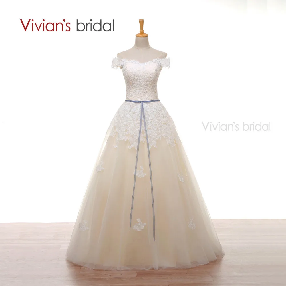 Boat Neck Champagne Wedding Dresses with White Lace (1)