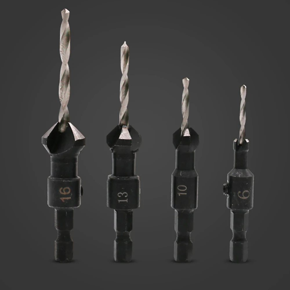 5pcs 1/4 Hex Steel Handle Woodworking Hole Countersunk Head Drill Set Wood Taper Sink Hole Drilling 4PCS Countersunk Head Drills 5pcs 1/4 Hex Steel Handle Woodworking Hole Countersunk Head Drill Set Wood Taper Sink Hole Drilling 4PCS Countersunk Head Drills