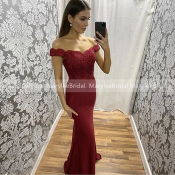 

Sexy Long Evening Dresses Off The Shoulder Burgundy Elastic Satin Robe De Soiree Boat Neck Appliques Mermaid Dresses For Women
