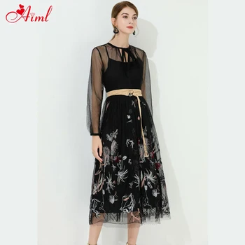

Female 2020 Designer Summer Vintage Elegant Dress Embroidery Wrist Sleeve Mesh Perspective Black Dress Holiday Dresses Lady New