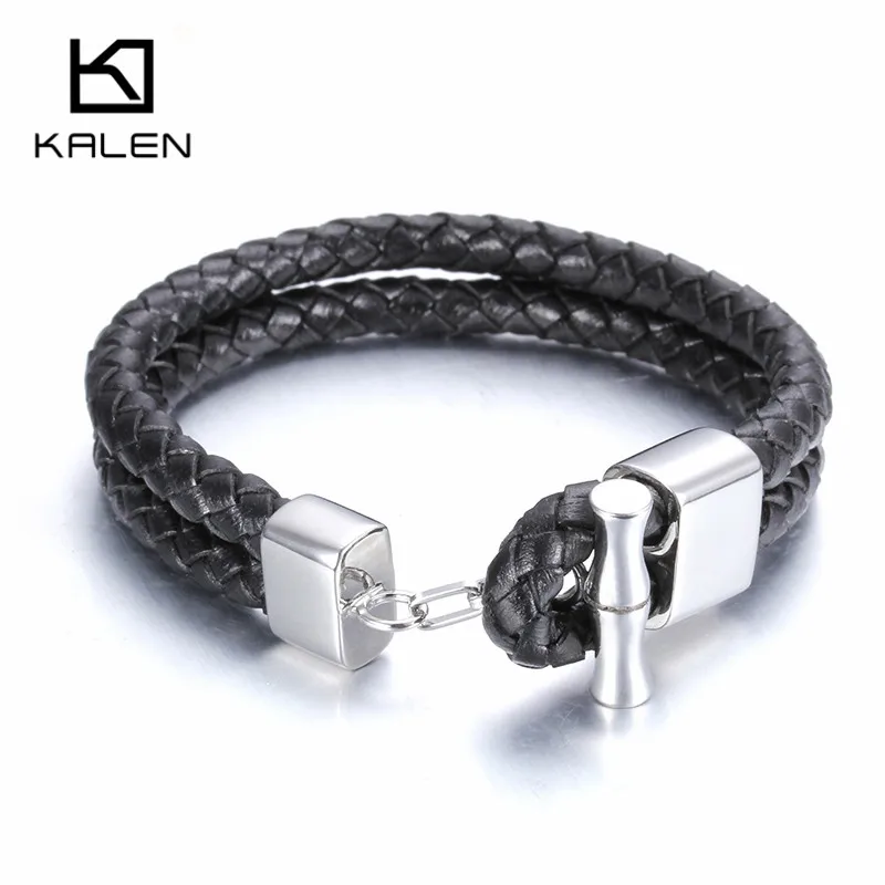 21 см мужской черный кожаный браслет Мода нержавеющая сталь серебряный цвет бамбук Шарм персонализированный браслет аксессуары в стиле панк