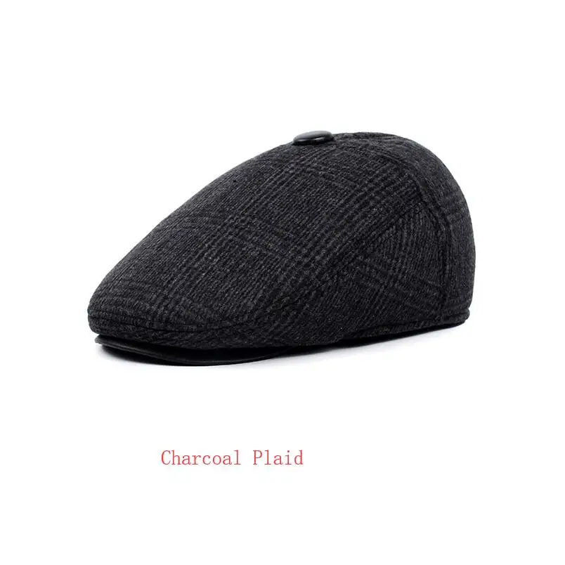 Charcoal Plaid Мужская твердая искусственная шерсть фетровая шляпа Newsboy с наушниками и полями из искусственной кожи мужские угольные теплые зимние шапки берет для мальчика шляпа - Color: Charcoal Plaid