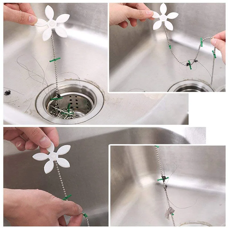 2Pcs Premium Drain Hair Catcher Flower Shower Hair Cleaning Chain Bathroom Drain Strainer Hair Catcher Chain Hook 5
