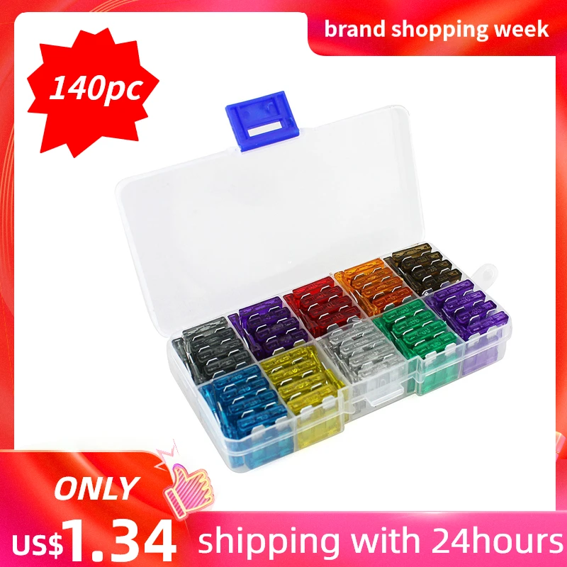

140pc 2/3/5/7.5/10/15/20/25/30/35A Car Truck MINI Blade Fuses AMP Plastic Box Assortment with Clip Auto Blade Type Fuse Set
