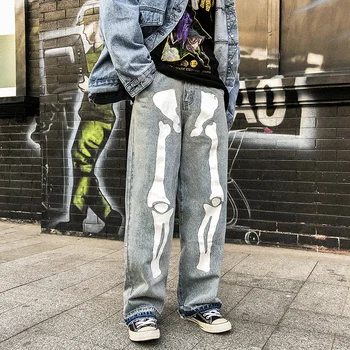 

Men Trousers Reflective Bone Patterns Loose Casual Wide Leg Jeans Male Streetwear Hip Hop Punk Gothic Harem Denim Pants