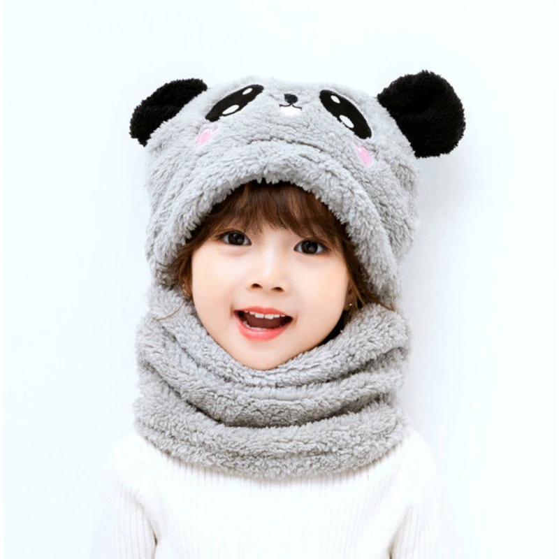 mens skully beanie Cute Winter Children Hat Plus Fleece Fuzzy Caps Cartoon Panda Hat Windproof Full Cover Earflap Hood Cap Neck Warmer Scarf skully with a brim Skullies & Beanies