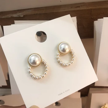

2020 Korean Design Hollow Circle Simulated Pearl Earrings Round Geometric Charm Statement For Women Girl Party Gift Jewelry