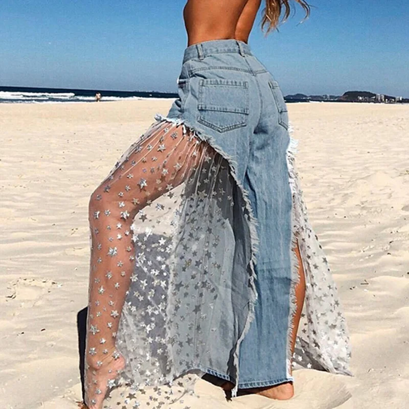 Сексуальные Женщины Широкие Штаны Ноги Sheer Mesh Star Print Splice Джинсовые Брюки Высокой