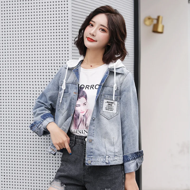 

2019 Autumn New Style Korean-style Casual Hooded Jeans Coat Women's Versatile Lettered Hipster Denim Jacket Fashion