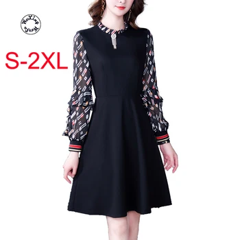 

Dress Long black print dress whom the new long sleeve splicing thin the a-line dress S to 2XL