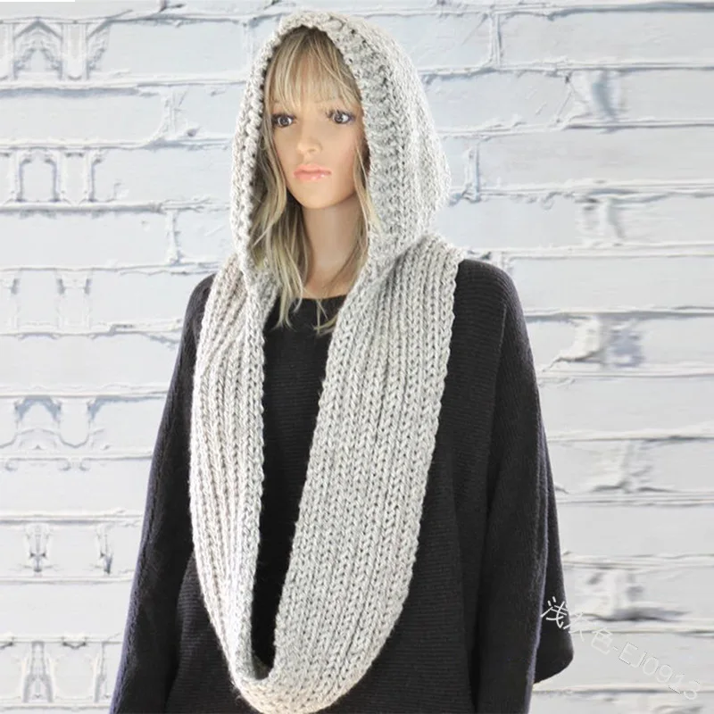 Solid Color Wool Hat Scarf Women Fashion Casual Knit Hooded Scarf Autumn Winter Warm Retro Scarf With Cap 2