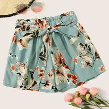 Короткие брюки Дамская Мода принт Высокая Талия Свободные шорты с повязкой Повседневное на шнуровке летние шорты велошорты женские 30