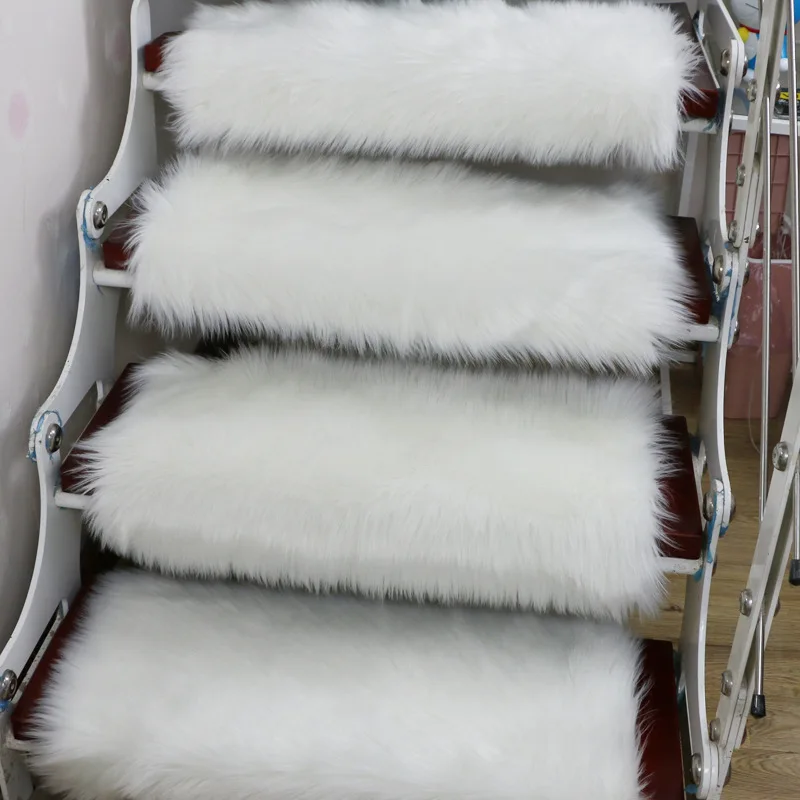 white 13Pcs Soft Stairs Carpet Long Plush Faux Wool Rug Non Slip Rectangle Stair Tread Mats Step Rug Carpet Protection Cover - Цвет: white