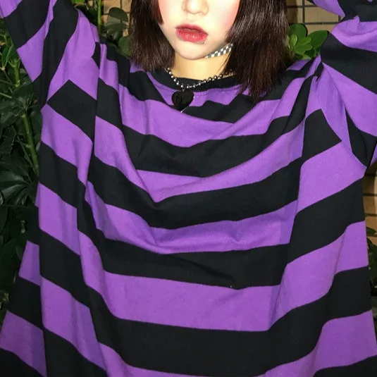 

2019 Fashion Women O-Neck Streetwear Stripes T-Shirt Purple Hit Color Loose Tops Casual Short Sleeve T Shirts