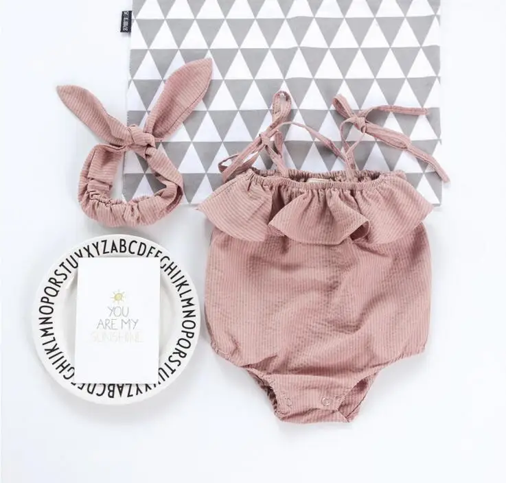 Summer infant baby girls Bodysuits with cute Headband kids children ruffled collar cute sleeveless casual jumpsuit - Цвет: Pink