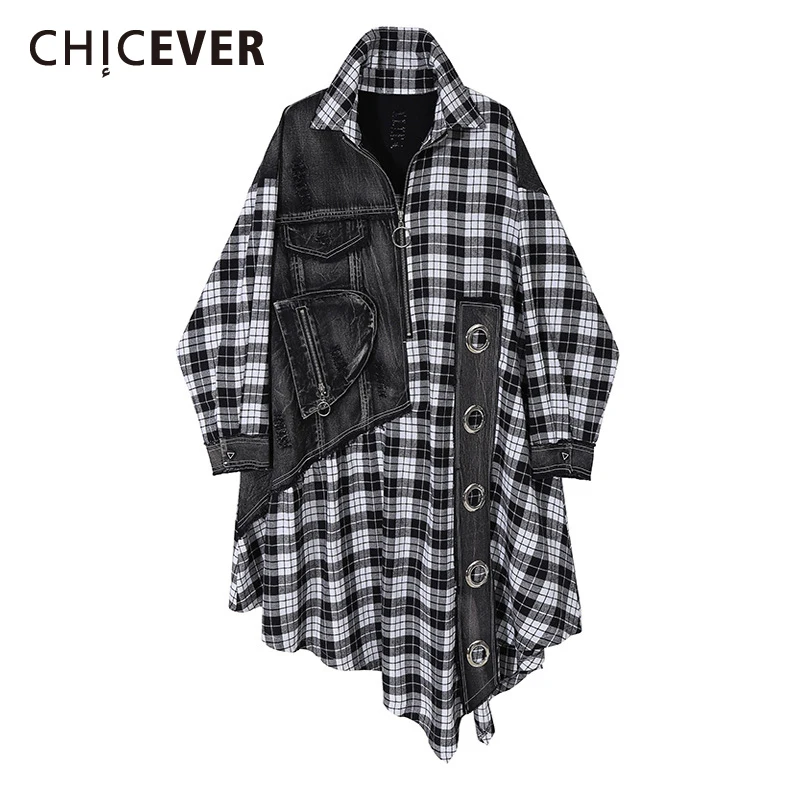 CHICEVER Plaid Dress For Women Lapel Long Sleeve Loose Patchwork Denim Sequined Designer Streetwear Oversize Dresses Female 2020 | Женская