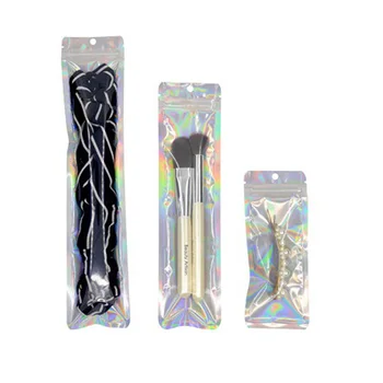 

2000pcs Long Style One Side Clear Holographic Plastic Bag Retail Packaging Laser Silver Cosmetic Tools Zipper Bag With Hang Hook