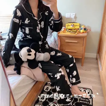 

2020 New Spring Summer Women Faux Silk Pajamas Set Simple Pure Color Leisure Nightwear Long Sleeves Sleepwear