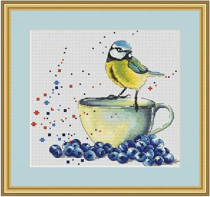

HH cross stitch kit Animal cotton thread Love lock canvas stitching embroidery Blueberry Fruit Tea and Tit