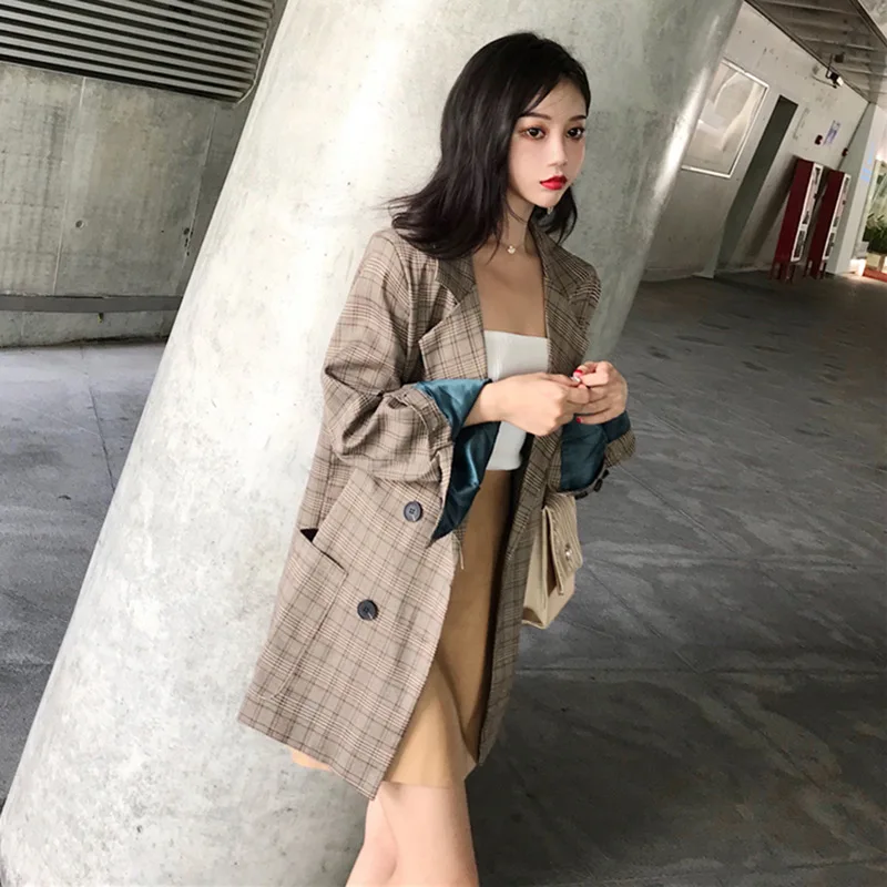 Клетчатое пальто средней длины осенняя одежда стиль ретро элегантный женский костюм модные повседневные Простые свободные топы