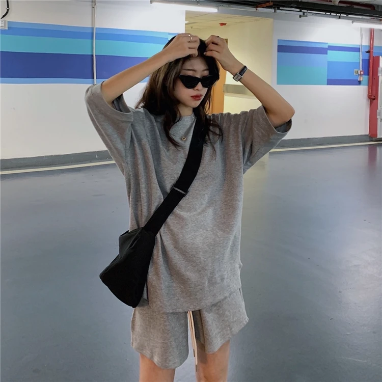 

summer womens tracksuits O-neck sweatshirts two piece set suit solid color and shorts two set femlae Playsuit 2 pcs ka1053