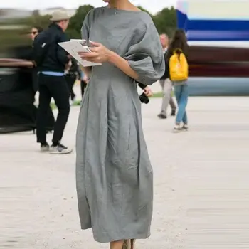 

Elegant Cotton Linen Dress Women Fashion Lantern Sleeve Autumn Solid Color Long Maxi Dress Streetwear Party Casual Dresses