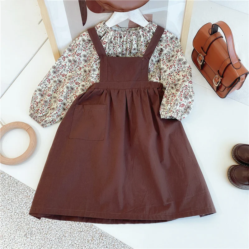 

MudiPanda Children Clothes Set 2020 Spring Autumn Winter Long Sleeve Floral Shirt +Sling Dress 2pcs Set For Toddler 2-6Y