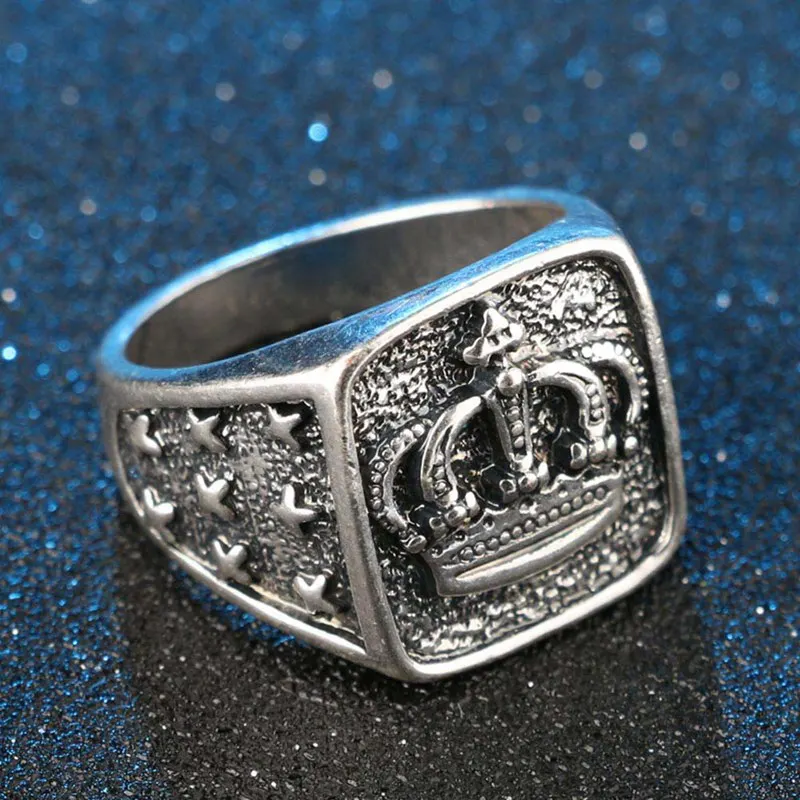 Punk Gothic Antique Silver Color Crown Signet Rings Vintage Men's Wedding Engagement Statement Crown Rings Male Fashion Jewelry