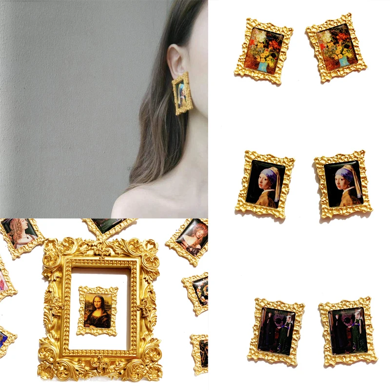 Винтажные аксессуары с масляными рисунками Мона Лиза/Ван Гог большие серьги-гвоздики металлические золотые украшения для женщин массивные ретро серьги