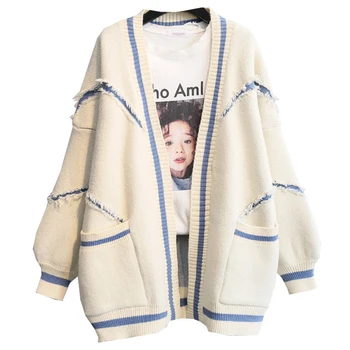 

Korean Style Women 2019 New Cardign Loose Knitted Outwear Sweater With Two Pockets Cardigans