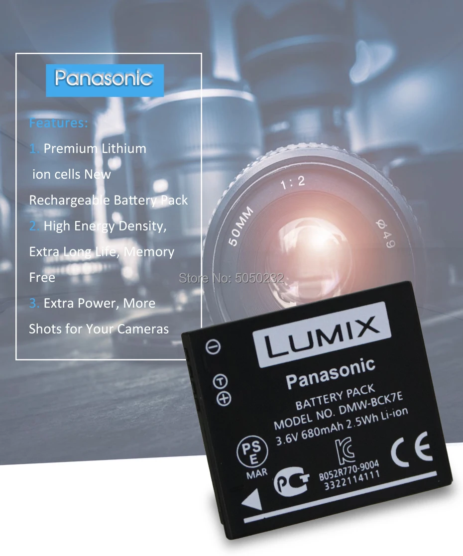 1 шт. Panasonic 3,6 v 680 мА/ч, DMW-BCK7E DMW-BCK7 BCK7E BCK7 NCA-YN101G Камера Батарея Lumix DMC-FH2 DMC-FH4+ 1 шт. DE-A92 зарядное устройство