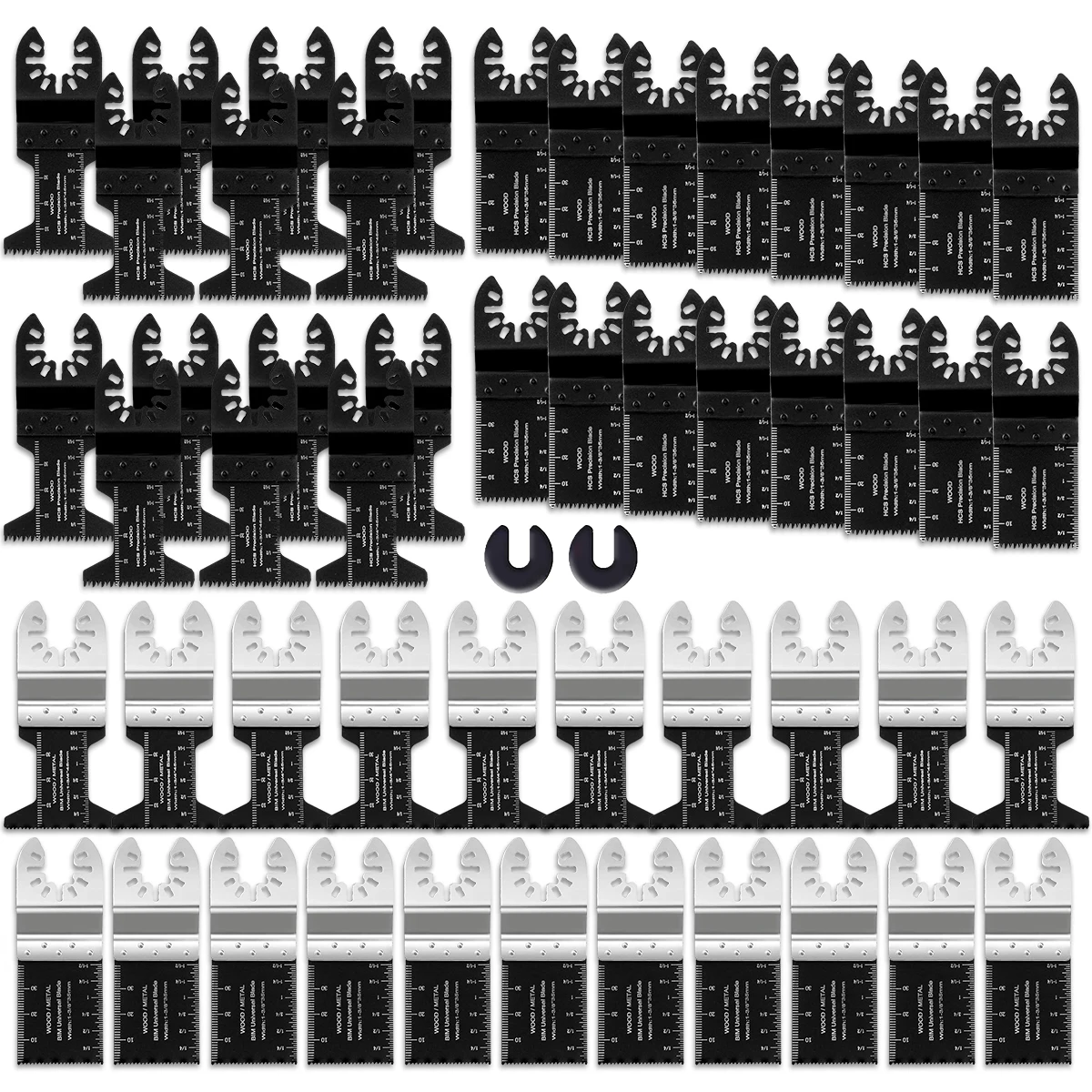 

50Pcs Multitool Blades HCS Oscillating Saw Blades Quick Release Oscillating Blades Swing Blades Kit with 2pcs c-clip adapter